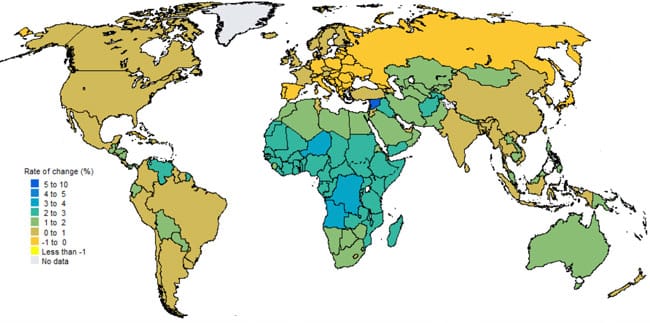 Average annual rate of population change (%), 2020–2025. Source: UN Population Division