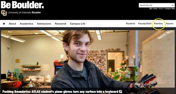 The University of Colorado Boulder prioritises families alongside students, staff, and alumni in its website navigation bar.