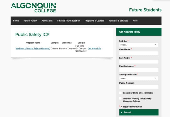 Algonquin College’s form is not live chat, but it does communicate that the college takes inquiries – and fast response times – seriously.