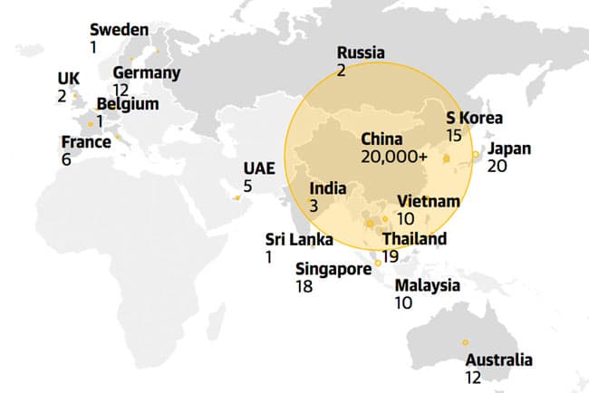 Confirmed cases of the coronavirus by country as of 4 February 2020. Source: Guardian