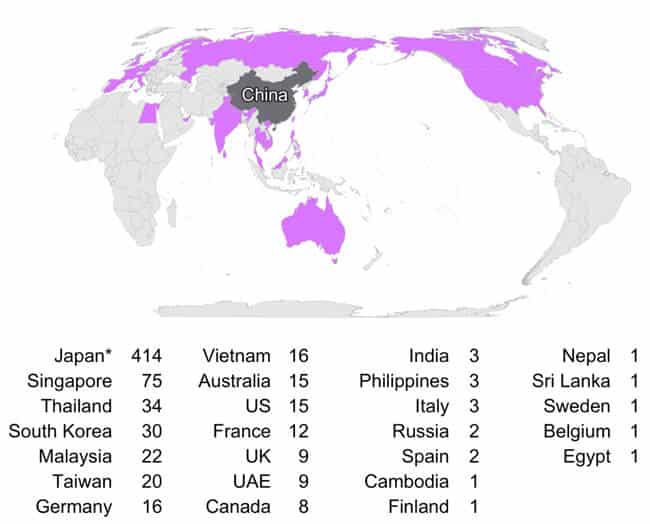 Confirmed Covid-19 cases outside of China as of 17 February. Note that the reported cases for Japan includes 355 cases on a cruise ship. Source: BBC News