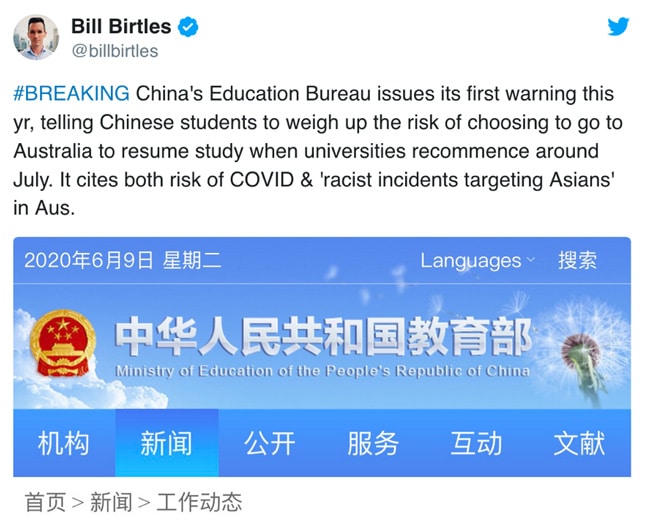 Screen shot of a tweet by Bill Birtles, China Correspondent, Australian Broadcasting Corp Source: ABC