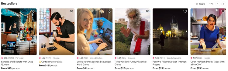 Some of the bestselling classes on Airbnb’s Online Experiences main page.